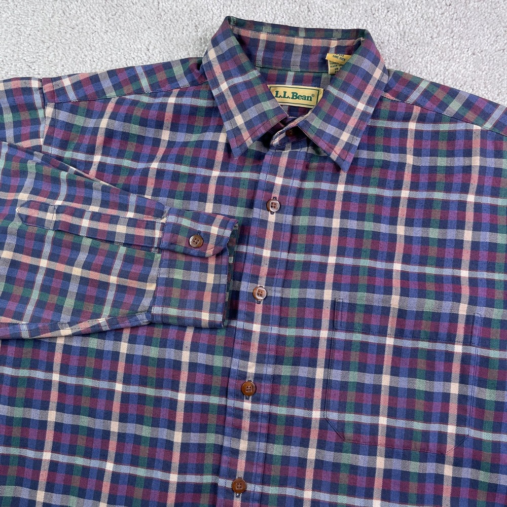 Vintage LL Bean Shirt Mens Medium Purple Blue Check Button Down Long Sleeve